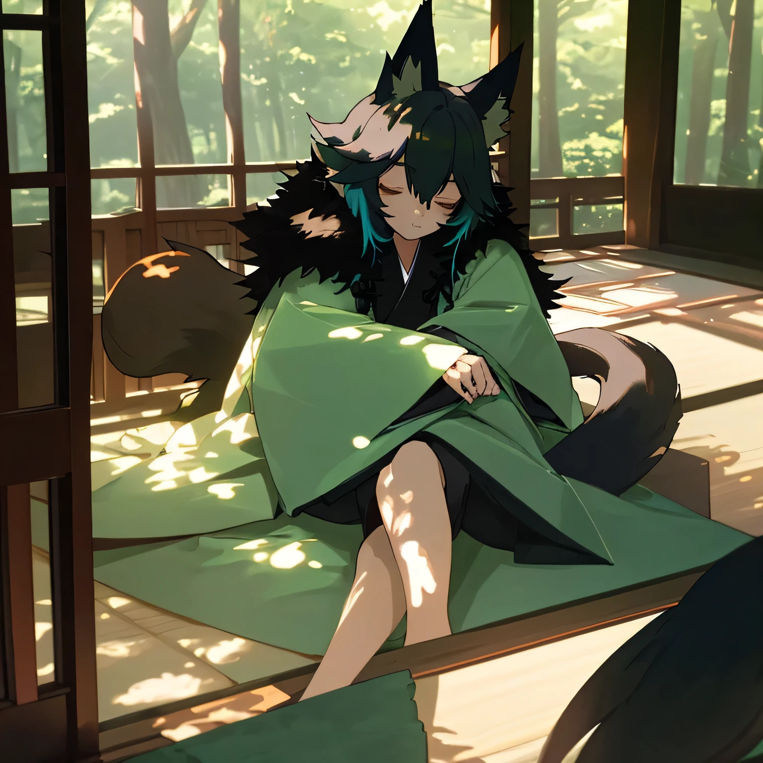 Fox personification,one person,,Cute face,Sleepy eyes,Unknown gender,Black fur, Black Nose,Long, bushy tail,Celadon-colored hooded kimono,Shorts,Country house,Veranda,afternoon,Sunlight filtering through the trees