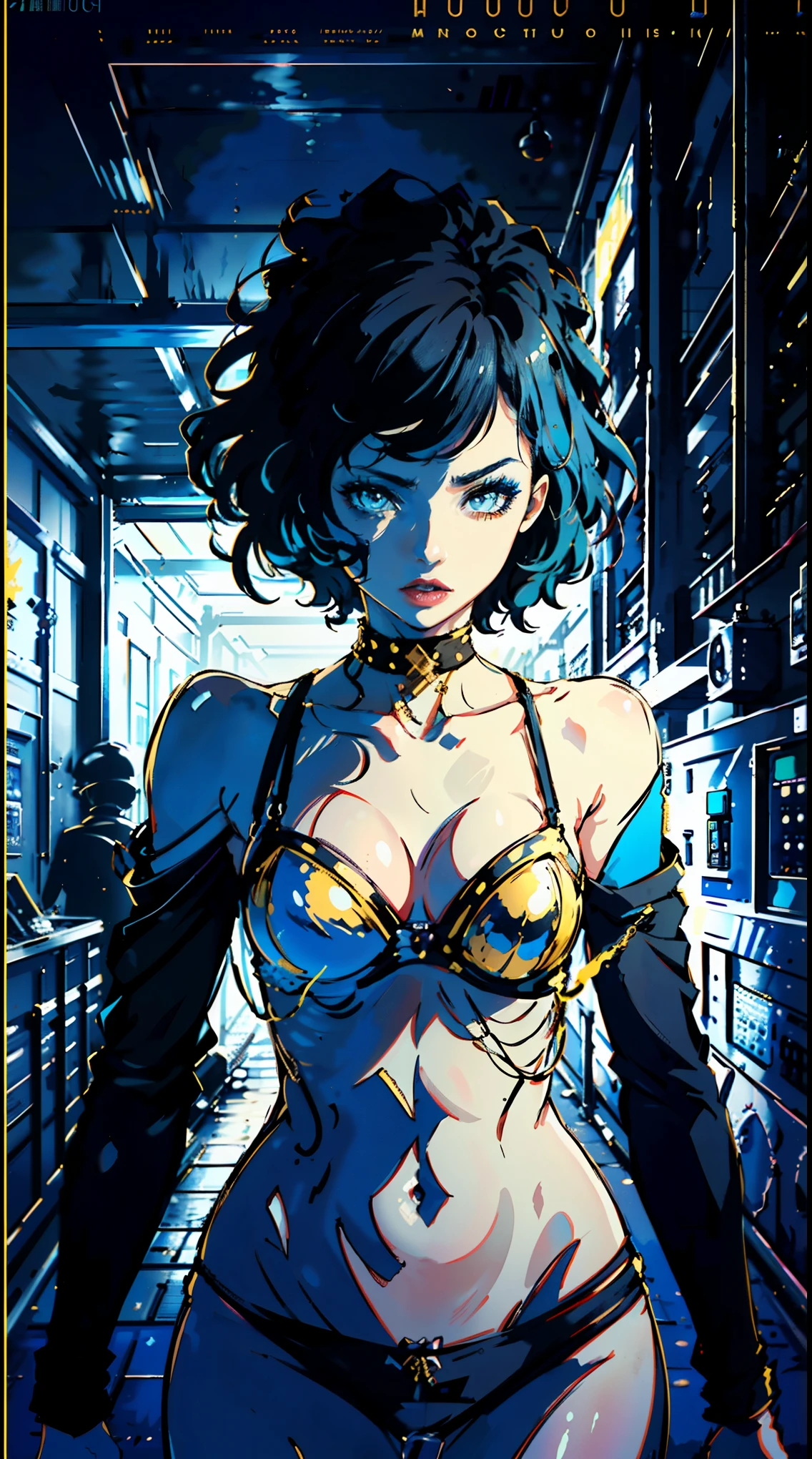 (masterpiece:1.2, best quality), (real picture, intricate details), (1lady, solo, curvy upper body, big ) The clothes are gold and yellow ar:avant-garde,avant-garde,Experiment with appearance:curlies,Dramatic makeup,Unconventional fashion choice behavior:rebelliousness、non-conformist、Provocation location:demon eyes,urban art district、Underground music venues Hobbies:Particiwpation in punk shows、creating mixed media art、Try different subcultural values:individuality、Realiy、Creative expression of inspiration:Punk rock music、Counterculture icons,Avant-garde art movement character traits:boldness、boldness、act outside the box。gothic dark vibe