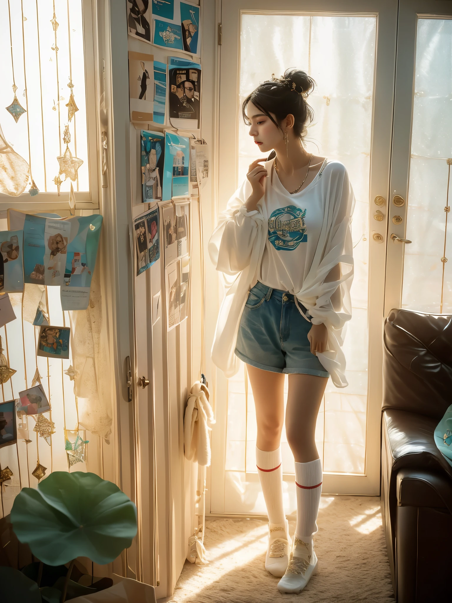 A teenage girl of Middle-Eastern descent in casual attire, specifically a pair of short socks, is standing in her room surrounded by posters of her favorite bands and a sprinkling of stuffed animals. The light is coming from a window on one side, casting a soft, warm glow across the room. The girl is seen tying one of the socks. She seems engrossed in her task, unintentionally revealing a rather thoughtful, determined expression that stands in contrast to the playful, light-hearted environment she is in.