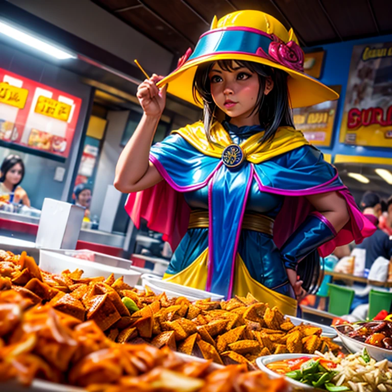 A woman wearing a poncho at a Mexican food stall　highest quality