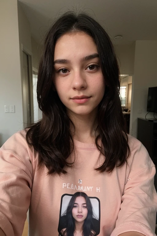 a girl with black hair selfie in a red sweatshirt