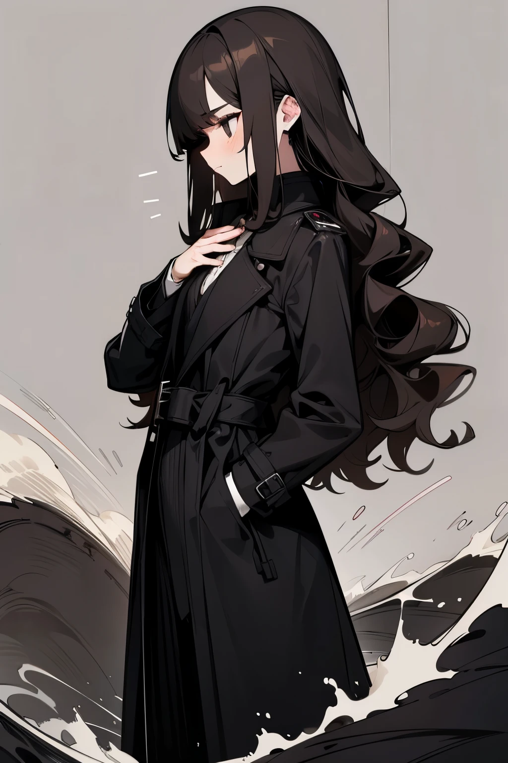 woman，24 years old，Career。Mature。Black trench coat，Black long skirt。flat chest。Black-brown hair color，Waist-length hair，Wave Curls。Black eyes。The cold eyes。