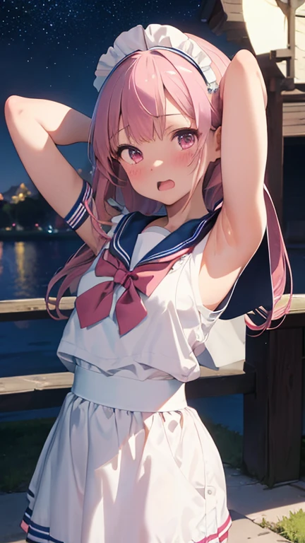 masterpiece、highest quality、Very detailed、Photograph the upper body、1 female、(Put your arms behind your back:1.2)、Are standing、Turn your body forward、View your viewers、(sailor-maid:1.3)、blush、shy、(trembling:1.2)、Pink Hair、Open your mouth、living、night、