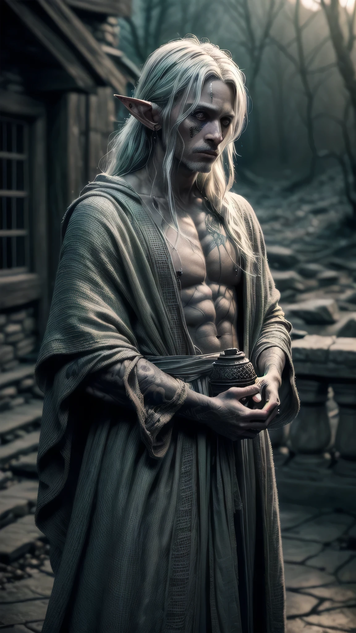 (masterpiece), (extremely intricate:1.3), (realistic), portrait gaunt male, (((starving 50 year old, weak graphite skinned drow elf, rough torn burlap robe [gray hair:green hair:0.7], face tattoos, iridescent seafoam tattoo:1.2, hollow, haunted, sad, (((graphite skin)))))), outdoors, intense sunlight, ((far away burning destroyed apocalyptic medieval village, professional photograph, dynamic pose)), sharp focus, dramatic, award winning, cinematic lighting, sunset volumetrics dtx, (film grain, blurry background, bokeh, depth of field, interaction), 8K