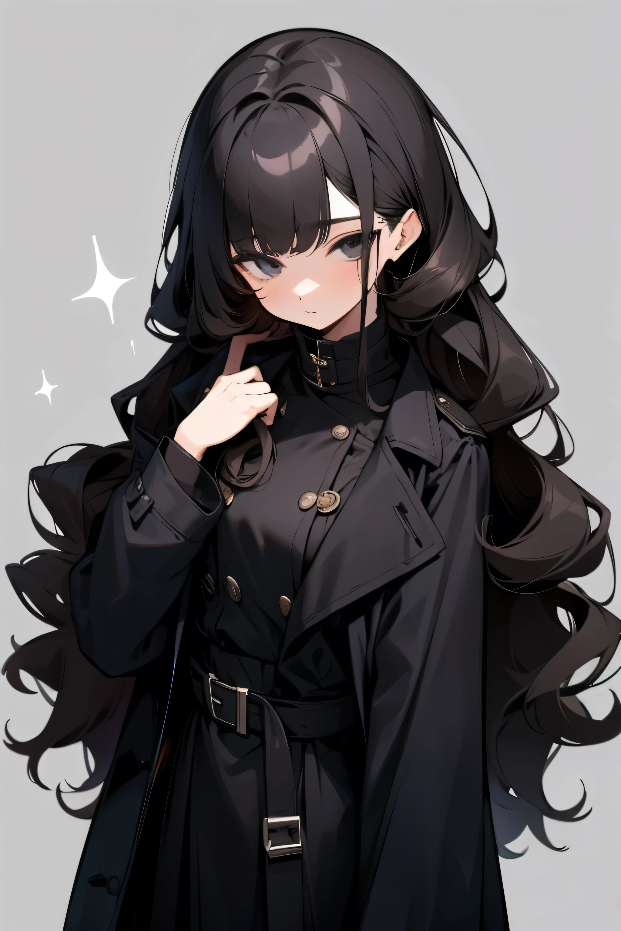 woman，24 years old，Career。Mature。Black trench coat，Black long skirt。flat chest。Black-brown hair color，Waist-length hair，Wave Curls。Black eyes。The cold eyes。