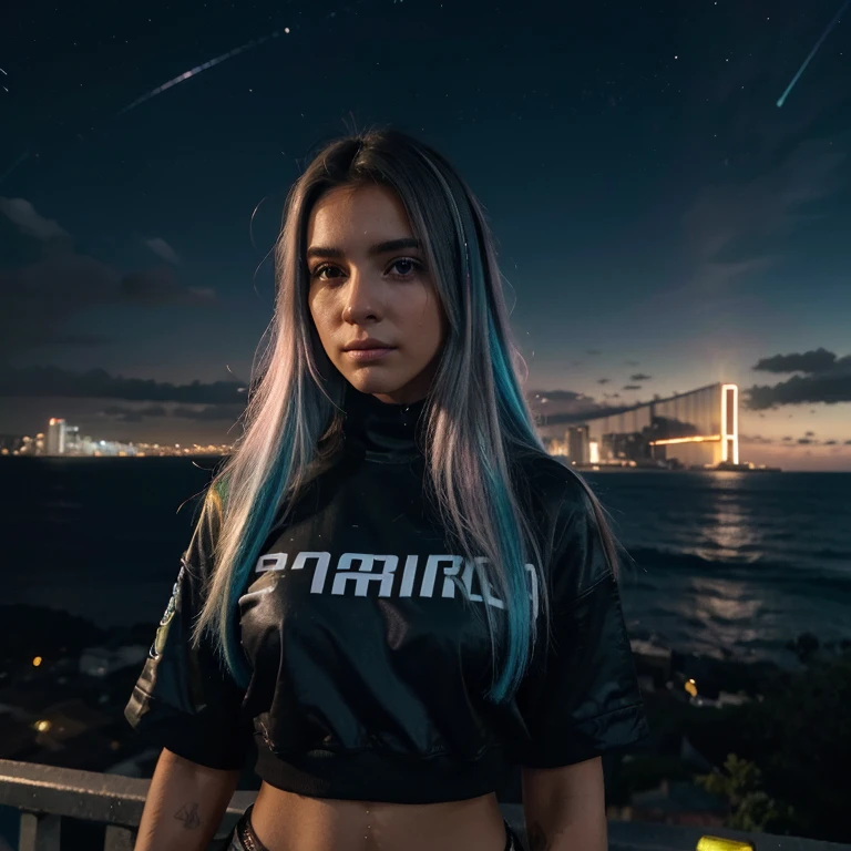 (obra de arte), melhor qualidade, ultra high resolution,garotinha, cyberpunk 1girl voando sobre uma paisagem urbana deslumbrante ,capuz,cabelo azul,  estrelas cadentes em cor neon, cabelo muito comprido, fora do ombro, enfeite de cabelo de pena, neon colors, pisca, stunning night sky, cinematic lighting, fotorrealista, pele realista, HDR,olho de peixe