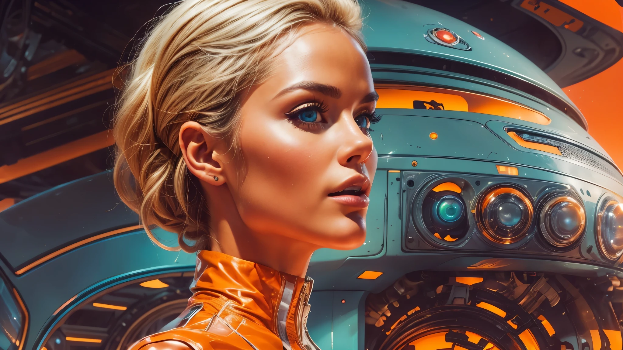 arafed image of a white woman in a futuristic suit with a spaceship in the background, movie art, in front of an orange background, inspired by Robert McGinnis, female protagonist, megastructure in the background, portrait of an ai astronaut, astronauts, an astronaut, portrait of a astronaut skeletor, perfect android girl, detailed eyes, perfectly detailed teeth, frank franzzeta and sakimichan