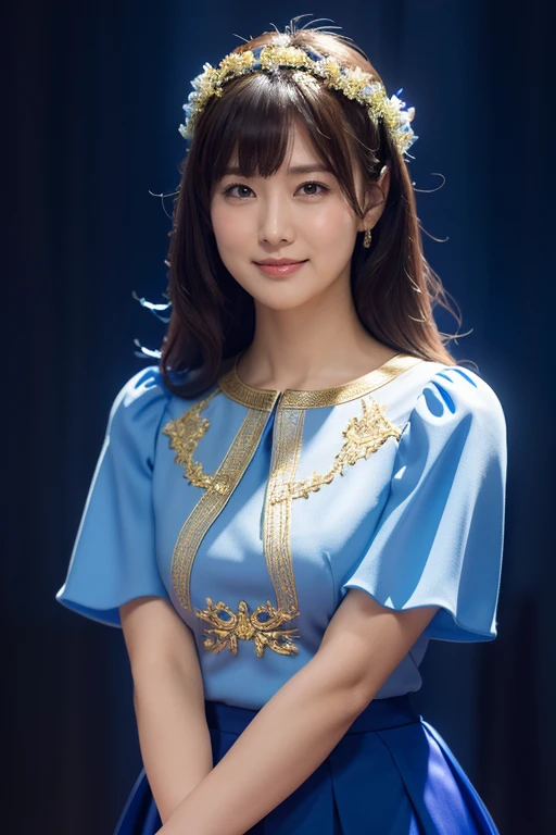 medium view, medium shot, Depth of written boundary, bust, Upper body, cinematic angle, masterpiece, highest quality, Super detailed, cg, 8k wallpaper, beautiful face, delicate eyes, maiden, alone, smile, bangs, skirt, shirt, have, Cobalt blue dress with gold trim, flower background