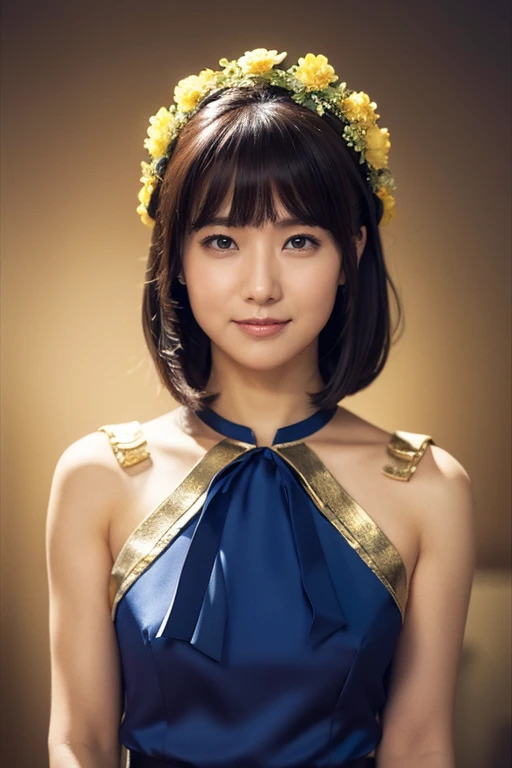 medium view, medium shot, Depth of written boundary, bust, Upper body, cinematic angle, masterpiece, highest quality, Super detailed, cg, 8k wallpaper, beautiful face, delicate eyes, maiden, alone, smile, bangs, skirt, shirt, have, Cobalt blue dress with gold trim, flower background