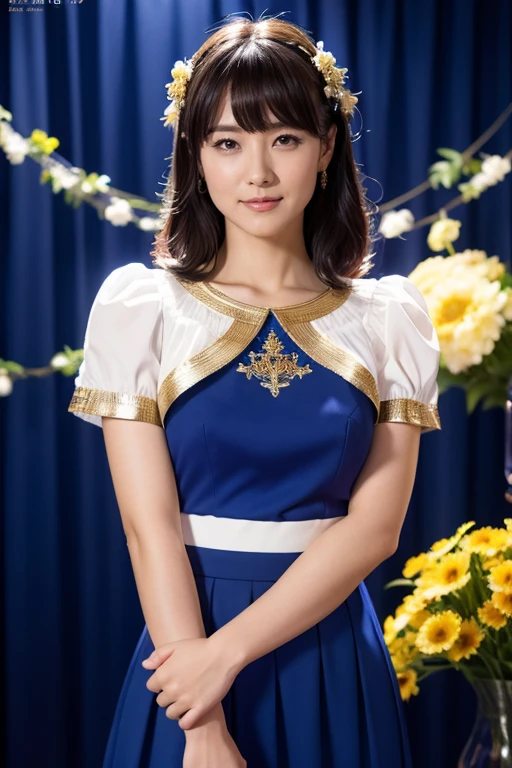 medium view, medium shot, Depth of written boundary, bust, Upper body, cinematic angle, masterpiece, highest quality, Super detailed, cg, 8k wallpaper, beautiful face, delicate eyes, maiden, alone, smile, bangs, skirt, shirt, have, Cobalt blue dress with gold trim, flower background