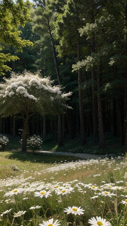 White daisies in a magical forest