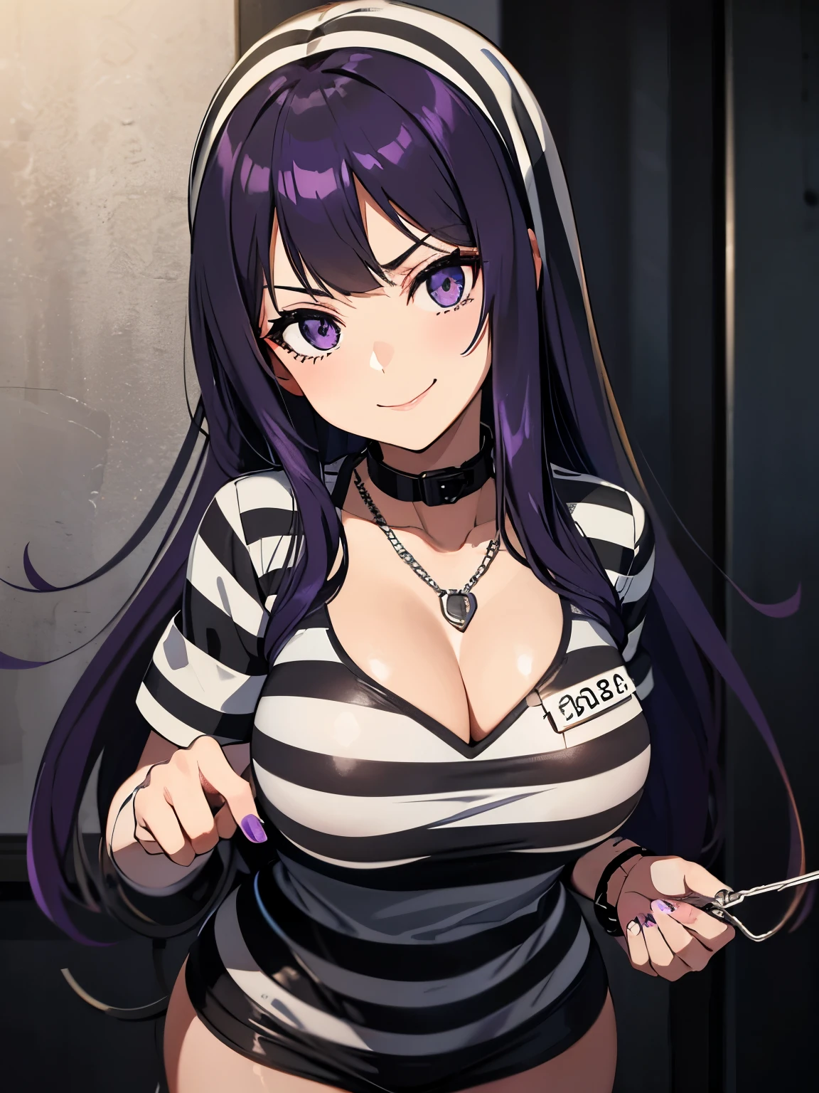 Mugshot, anime girl in black and white striped prisoner uniform, hands cuffed or chained, cleavage, big breasts, purple hair, evil smile, jail, cell, prison