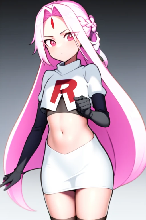 masterpiece, (best quality:1.3), sharp focus, absurdres, ++ 1girl, solo, fantasy, light purple hair, very long hair, curly hair, french braid, single sidelock, forehead, red eyes, pink eyes, multicolored eyes, , flat chest, , dollgirl, doll joints, ++ pov, looking at viewer, team rocket,team rocket uniform,white skirt,red letter R,crop top,black thigh-highs,black elbow gloves