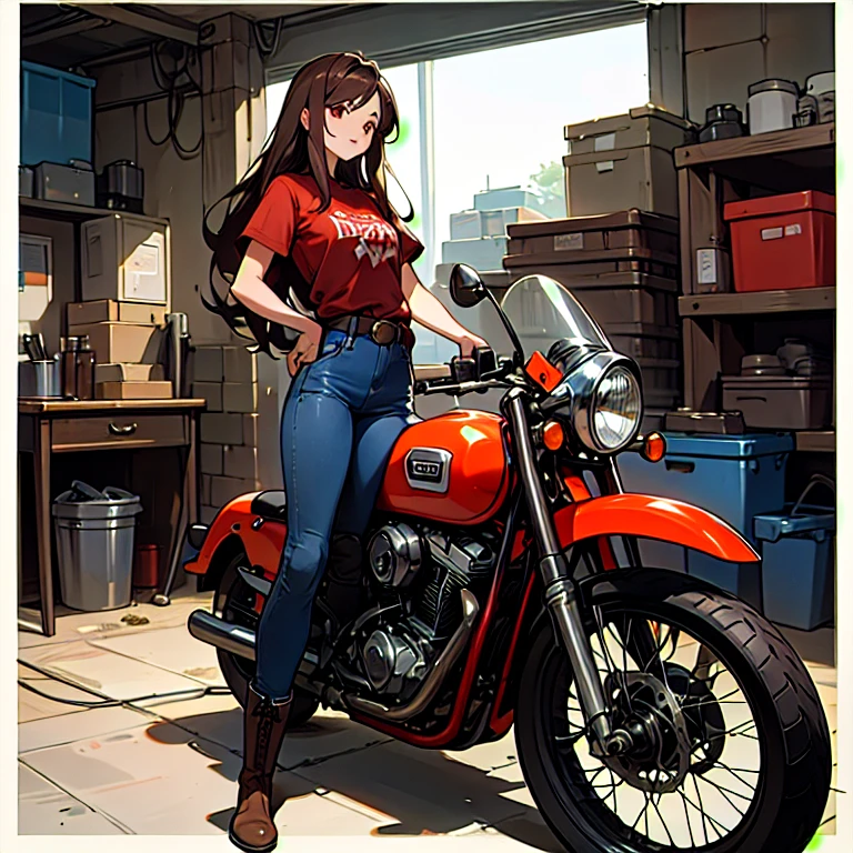 A picture of a Girl working in a Car-Mechanic shop, Garage door entrance and a lot of equipment in the background, very detailed and cluttered but not noisy background, (Solo), (Best Quality), (Masterpiece), (Official Quality Artwork), (Perfect Anatomy), (Perfectly Detailed), (Accurately Drawn). She has (very Lush, Medium-Long DarkBrown Hair), (Beautiful Brown Eyes), Big Chest, very wide hips, muscular, slightly above average height, with an athletic and attractive figure, ((20 years-old)), She is wearing a (Slightly Dirty Red Work-Shirt, with a small White Logo and information about the mechanic-shop), (Mildly Worn, slightly dirty, Dark-Blue Jeans), a Brown Belt, and Dark-Grey Boots. She is (holding a Wrench), and is fixing the Wheel of a vintage motorcycle, with a focused and skillful expression,