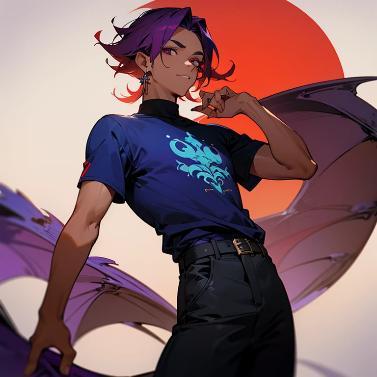 Hombre joven,de cabello color rojo, con ojos verticales de color morado, tanned skin covered in dragon scales under left eye, dressed in a dark blue t-shirt and black pants and a silver earring in his right ear, parado frente a un anochecer