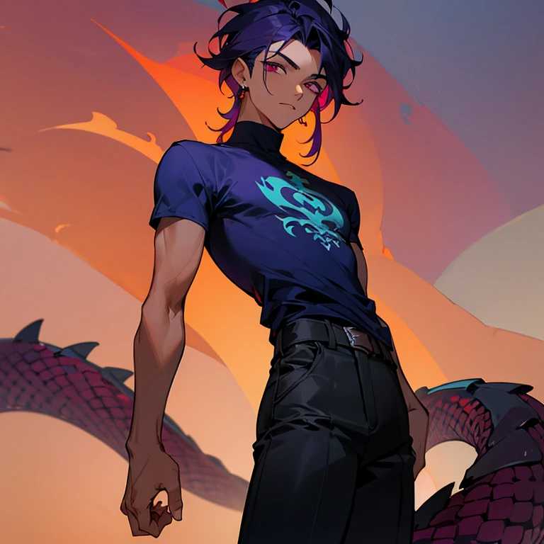 Hombre joven,de cabello color rojo, con ojos verticales de color morado, tanned skin covered in dragon scales under left eye, dressed in a dark blue t-shirt and black pants and a silver earring in his right ear, parado frente a un anochecer