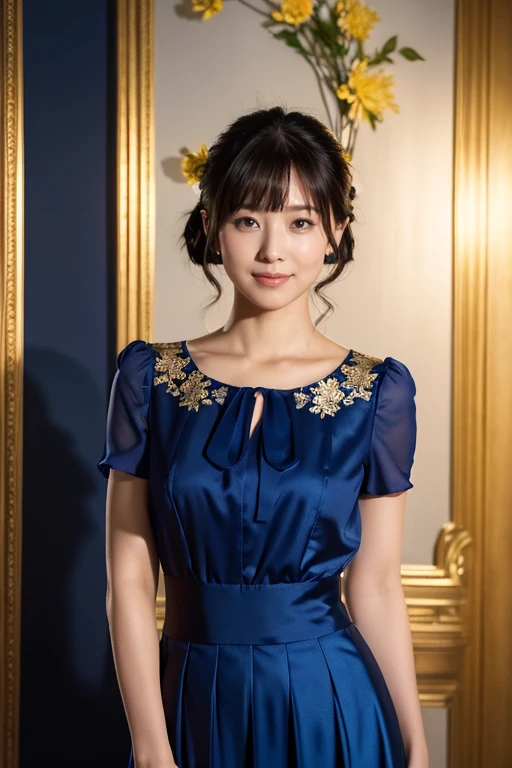 medium view, medium shot, written boundary depth, bust, Upper body, cinematic angle, masterpiece, highest quality, Super detailed, CG, 8k wallpaper, beautiful face, delicate eyes, maiden, alone, smile, bangs, skirt, shirt, have, cobalt blue dress with golden trim, flower background