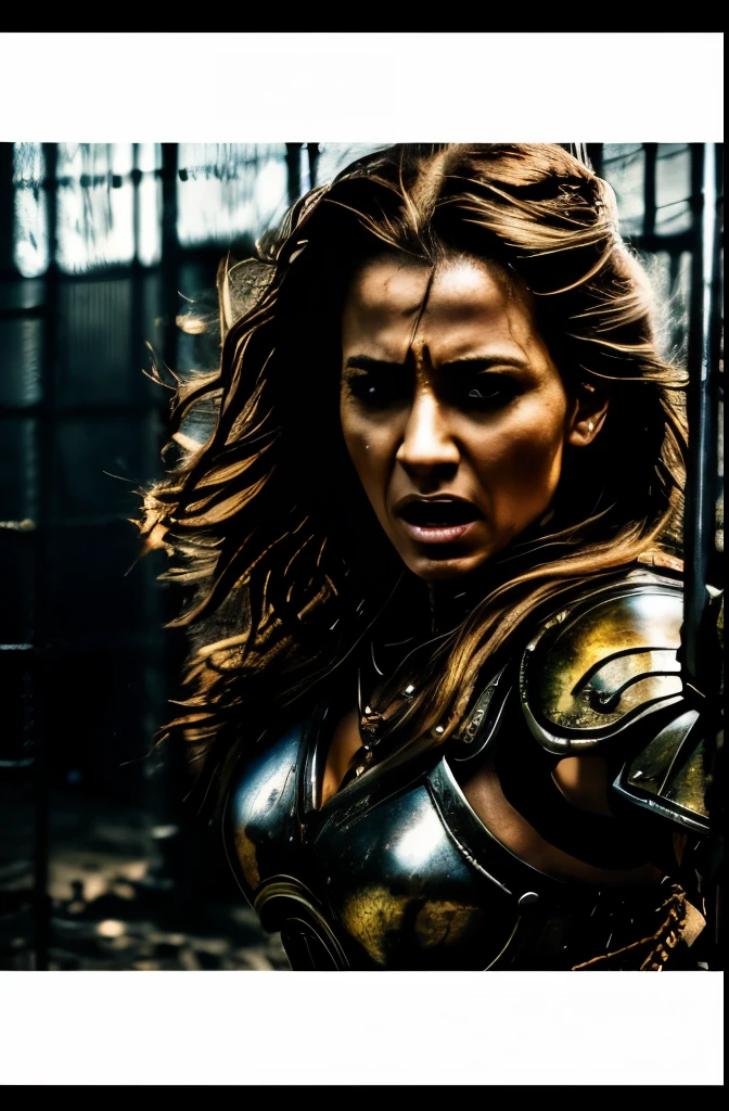 best quality,realistic,masterpiece:1.2,captured female warrior in a cage,detailed warrior, intense expression,steely eyes,long flowing hair,fierce determination, dynamic pose, dramatic lighting, gritty atmosphere,metallic texture, aged iron cage,chains, worn-out armor, battle scars,dusty battlefield background,vivid colors,dramatic contrast,highres