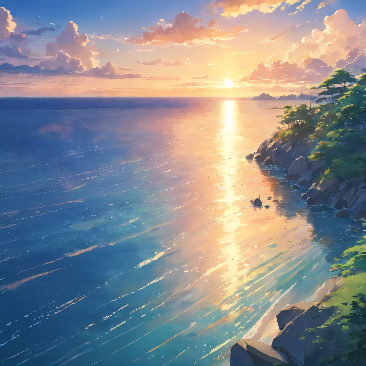 (highest quality,4K,8k,High resolution,masterpiece:1.2),Very detailed,(Realistic,photoRealistic,photo-Realistic:1.37),Vibrant colors,Sunset at sea,reflection of sun rays,Spectacular Clouds,Dramatic Sky,Magnificent Horizon,Bright orange and purple hues,Serene atmosphere,peaceful and quiet scene,sunlight shining on water,Calm and calm atmosphere,Heavenly Beauty,With a touch of romance,mesmerizing view of the sunset,sea breeze,Majestic and awe-inspiring views,Peace and tranquility,Seamless transition from day to night,calm calm of the sea,Soft shining light illuminating the scene,peaceful and magical environment
