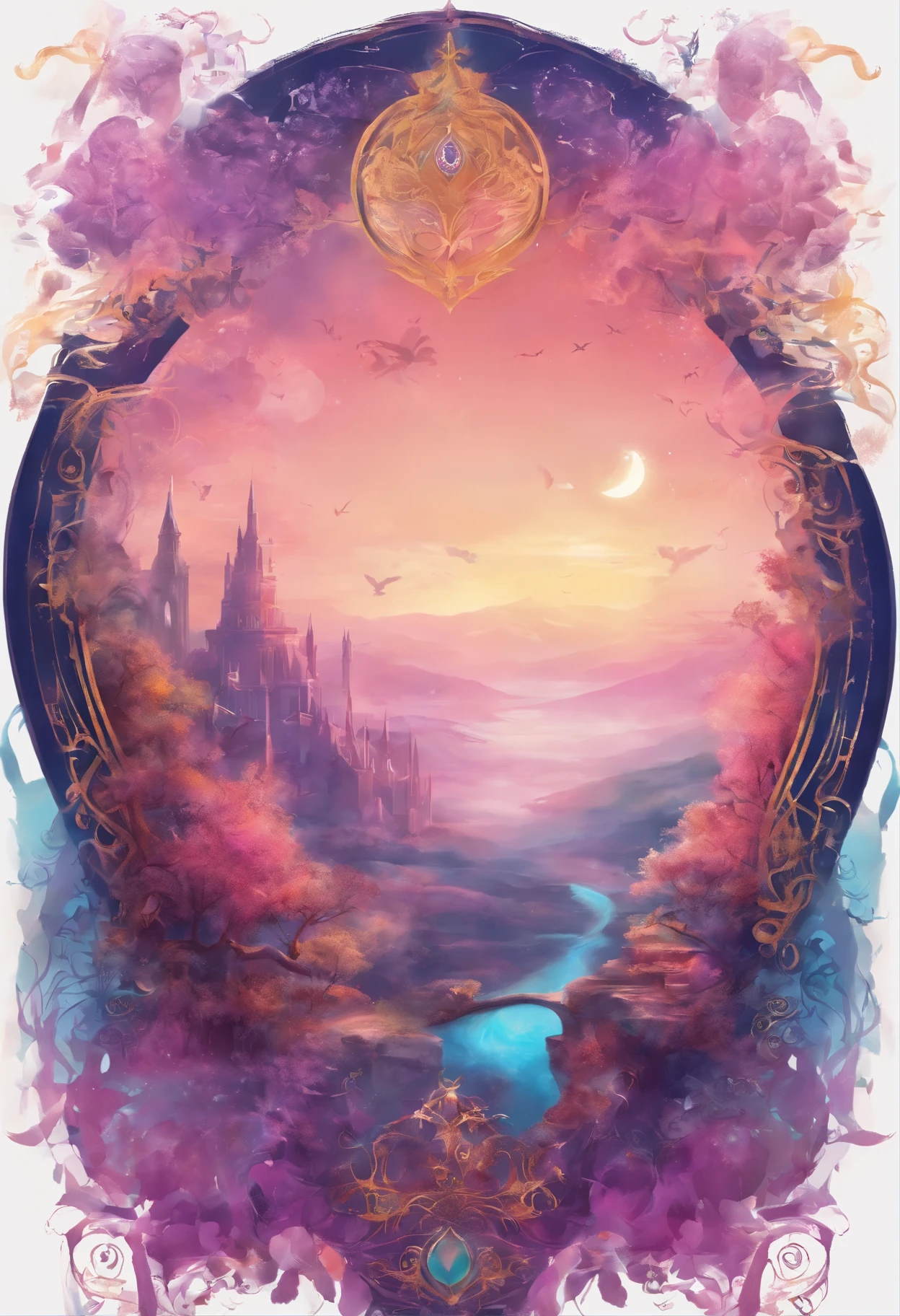 An image that involves a kind of game with a map and a magical and illusionistic world that attracts attention with its blue, purple and black colors, puxado pra um rosa escuro e q contenha o simbolo do infinito