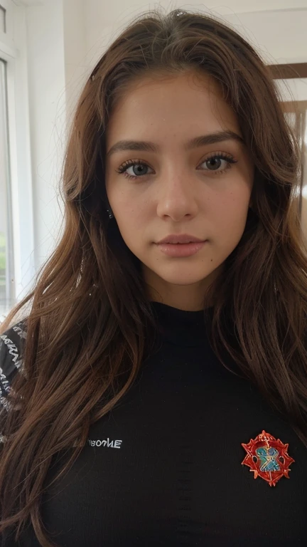 xoaeriel, a beautiful woman with brown wavy hair, ojos azules, nariz redonda, vistiendo un cohete de equipo,uniforme del equipo cohete,falda blanca,letra roja R,top corto,medias negras hasta el muslo,guantes negros hasta el codo,hiperealista