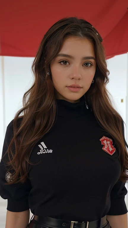 xoaeriel, a beautiful woman with brown wavy hair, ojos azules, nariz redonda, vistiendo un cohete de equipo,uniforme del equipo cohete,falda blanca,letra roja R,top corto,medias negras hasta el muslo,guantes negros hasta el codo,hiperealista