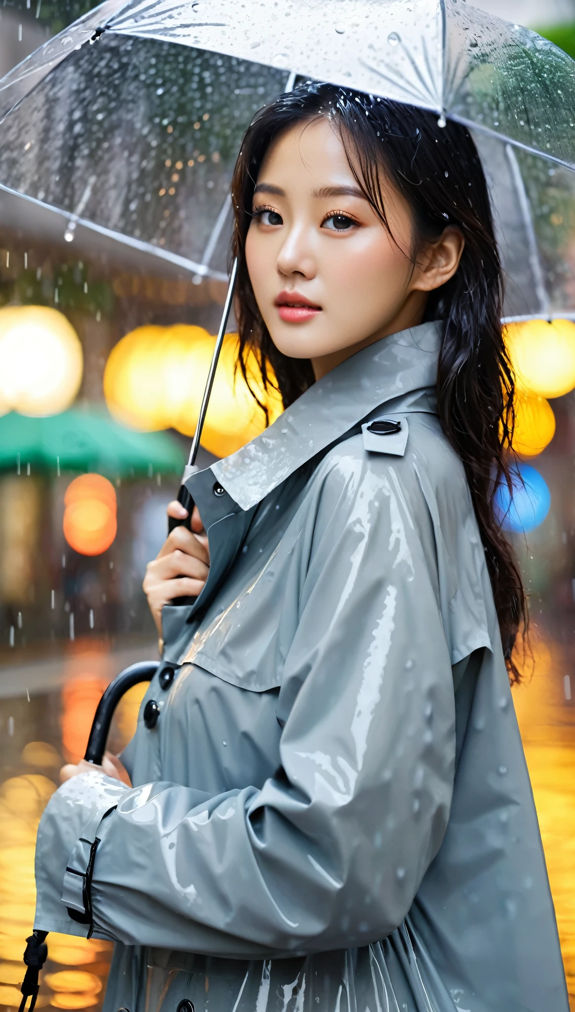 close-up of beautiful korean female, 34 inch breasts size, wearing raincoat, in the city, heavy raining, bokeh background, UHD