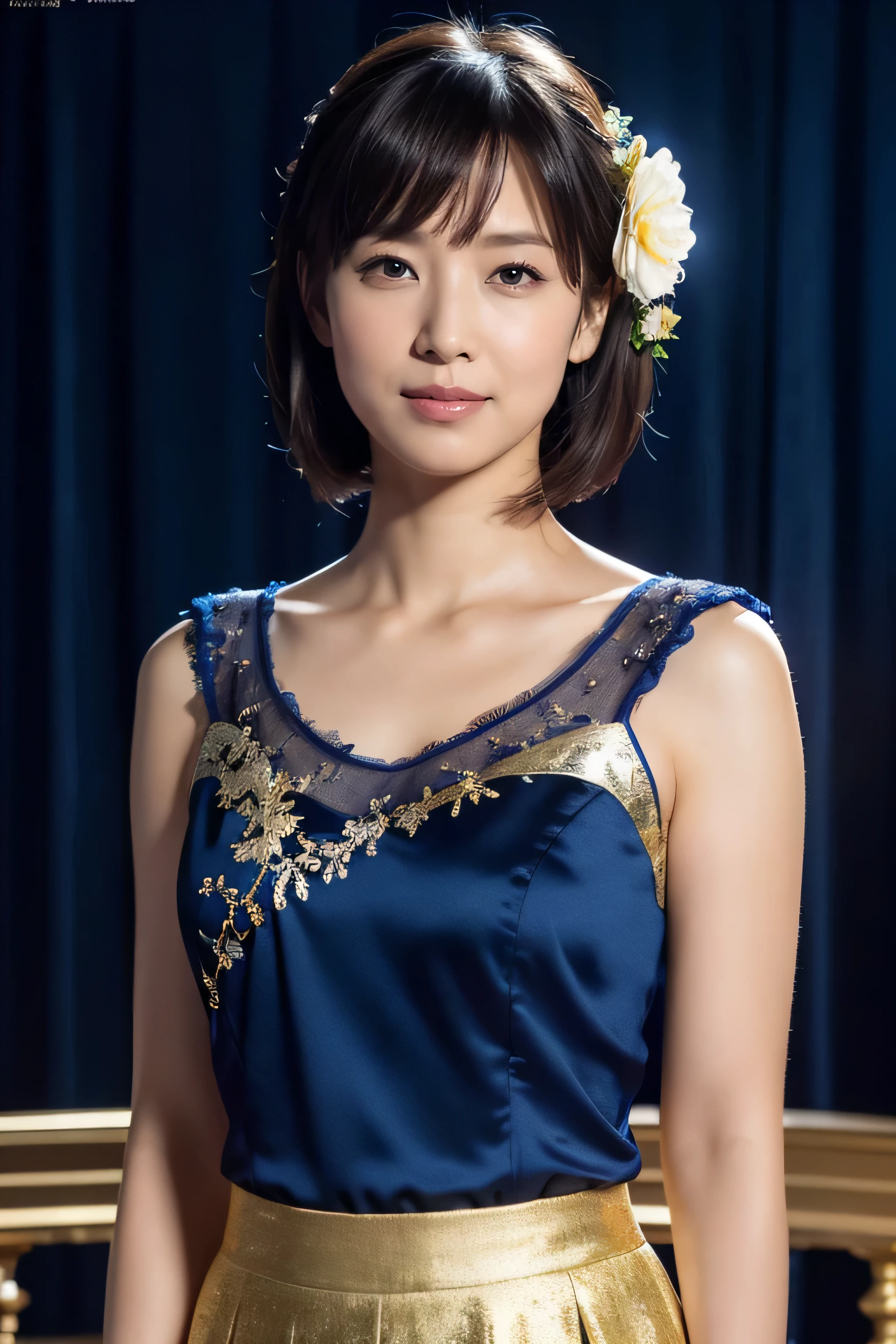 medium view, medium shot, Depth of written boundary, bust, Upper body, cinematic angle, masterpiece, highest quality, Super detailed, cg, 8k wallpaper, beautiful face, delicate eyes, maiden, alone, smile, bangs, skirt, shirt, have, Cobalt blue dress with gold trim, flower background