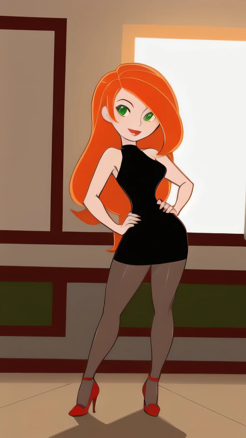 Best_QualityPos, RAW photo, intricate details, best quality, 8k uhd, soft lighting, 1girl, solo, green eyes, orange hair, long hair, black strapless tube dress, medium breast, smile, hands on her hips, red high heels, pantyhose