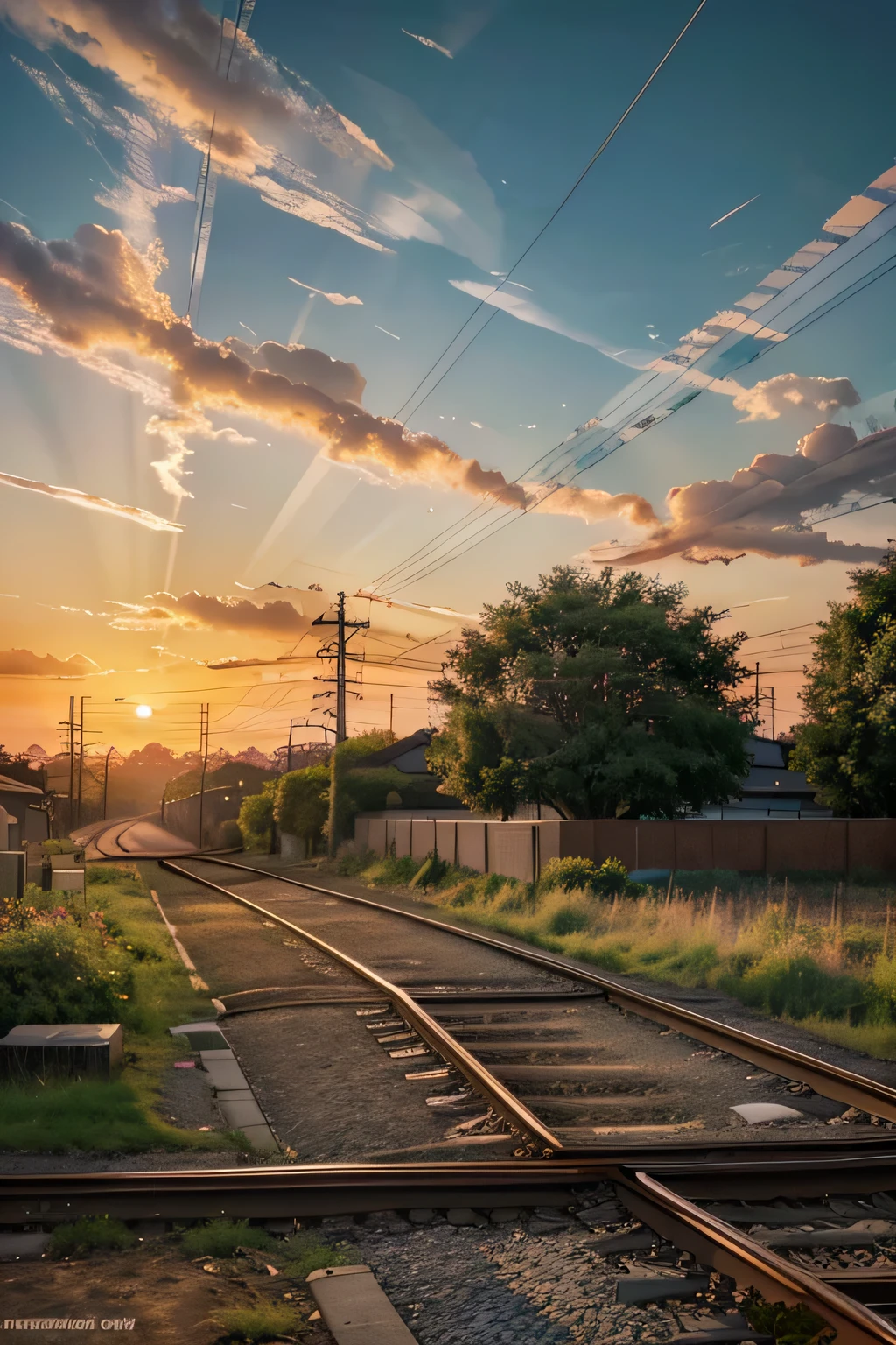 (best quality, 4k) a painting of a sunset over a train track with power lines, going forward to the sunset, anime vibes, anime countryside landscape, colorful sunset, anime background art, anime art wallpaper 8 k, anime landscape, lofi artstyle, anime art wallpaper 4 k, anime art wallpaper 4k, beautiful anime scenery, anime scenery, colorful skies, anime landscape wallpaper