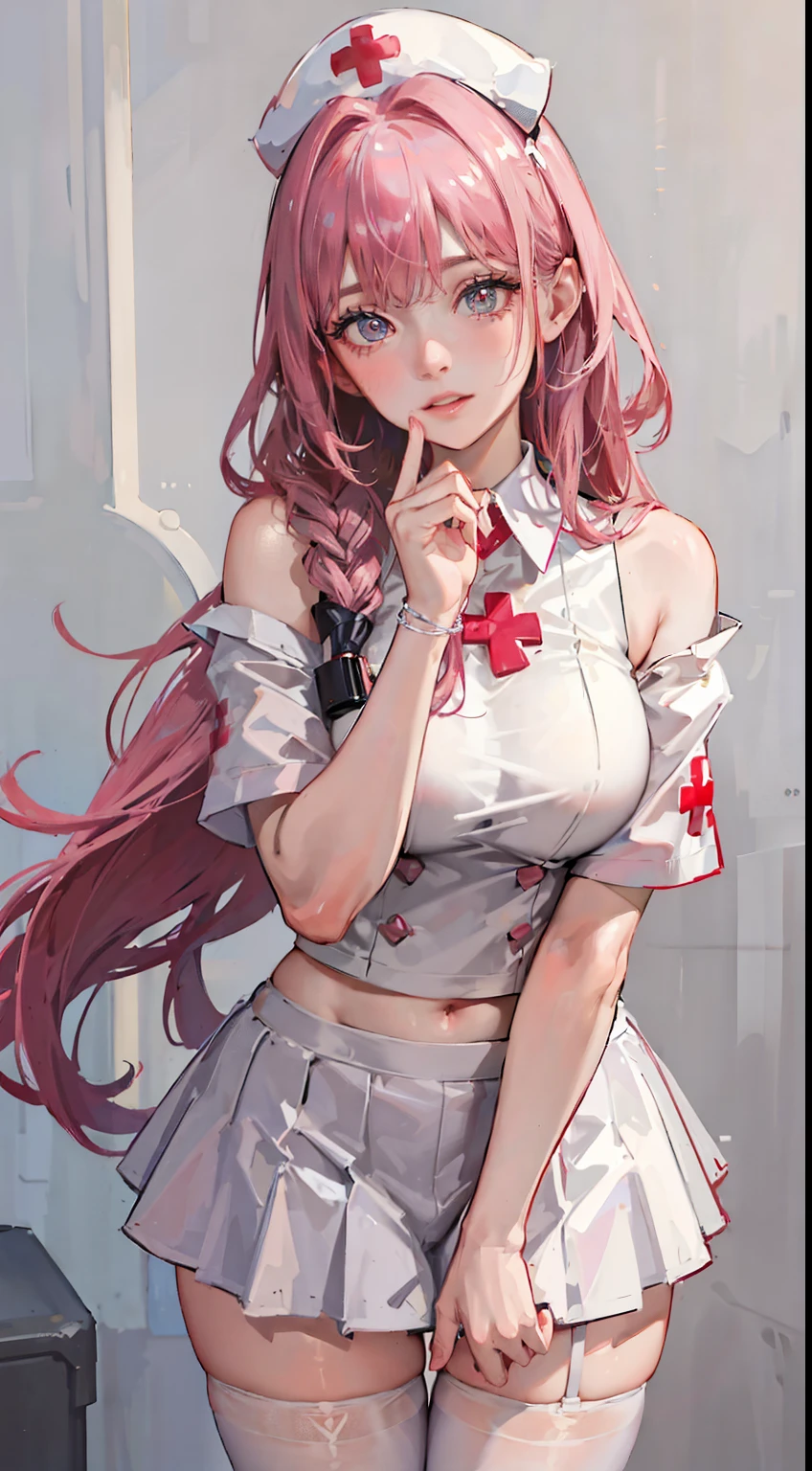 (best quality,highres:1.2),ultra-detailed,realistic:1.37,portrait,nurse cap,detailed face,heart-shaped pupils,pink nurse uniform,loves students,off-shoulder,Red Cross,slim girl,physically-based rendering,white stockings,on your belly.