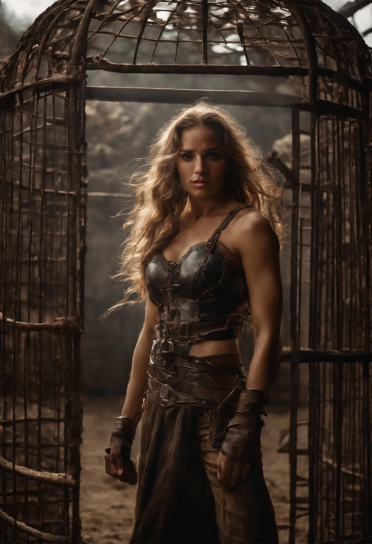 best quality,realistic,masterpiece:1.2,captured female warrior in a cage,detailed warrior, full body wide shot, intense expression,steely eyes,long flowing hair,fierce determination, dynamic pose, dramatic lighting, gritty atmosphere,metallic texture, aged iron cage,chains, worn-out armor, battle scars,dusty battlefield background,vivid colors,dramatic contrast,highres