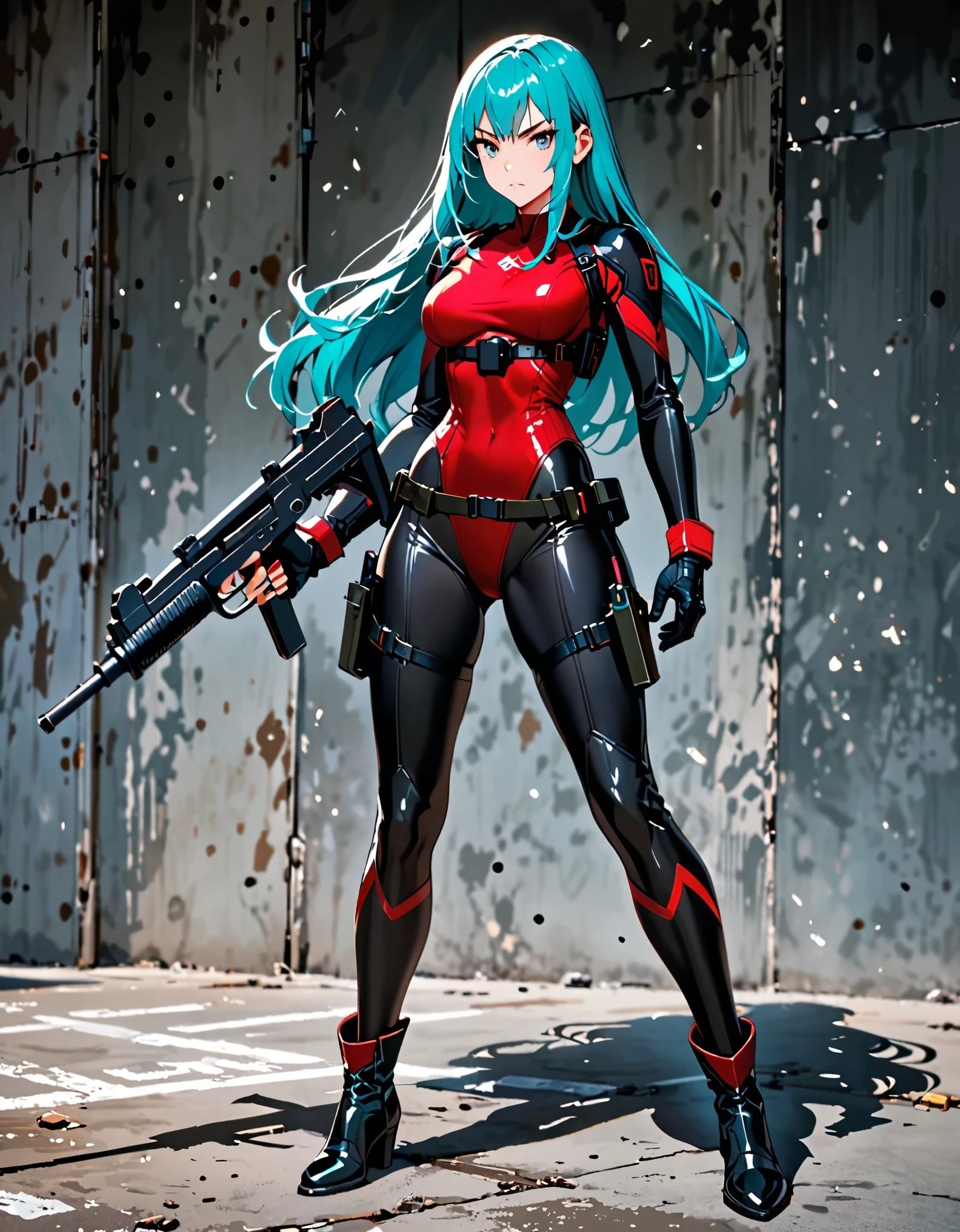 masterpiece, highly detailed, best quality, high quality, 1girl, (solo, solo focus), grey eyes, beautiful detailed eyes, beautiful detailed face, perfect hands, complete fingers, perfect anatomy, perfect proportions, (long hair, aqua hair), (using weapon, uzi), detailed shadows, detailed light, (black skintight bodysuit, red leotard, shoulder holster), (full black pantyhose, skintight black leggings), matching boots, full body, serious, full body costume design