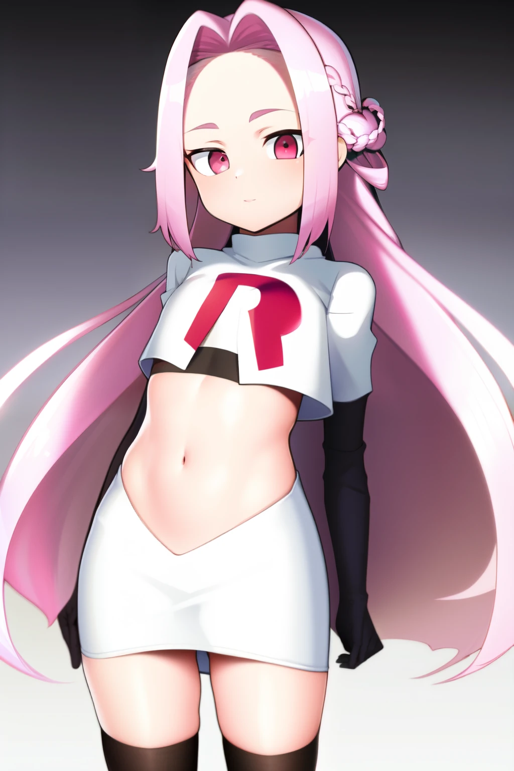 masterpiece, (best quality:1.3), sharp focus, absurdres, ++ 1girl, solo, fantasy, light purple hair, very long hair, curly hair, french braid, single sidelock, forehead, red eyes, pink eyes, multicolored eyes, , flat chest, , dollgirl, doll joints, ++ pov, looking at viewer, team rocket,team rocket uniform,white skirt,red letter R,crop top,black thigh-highs,black elbow gloves