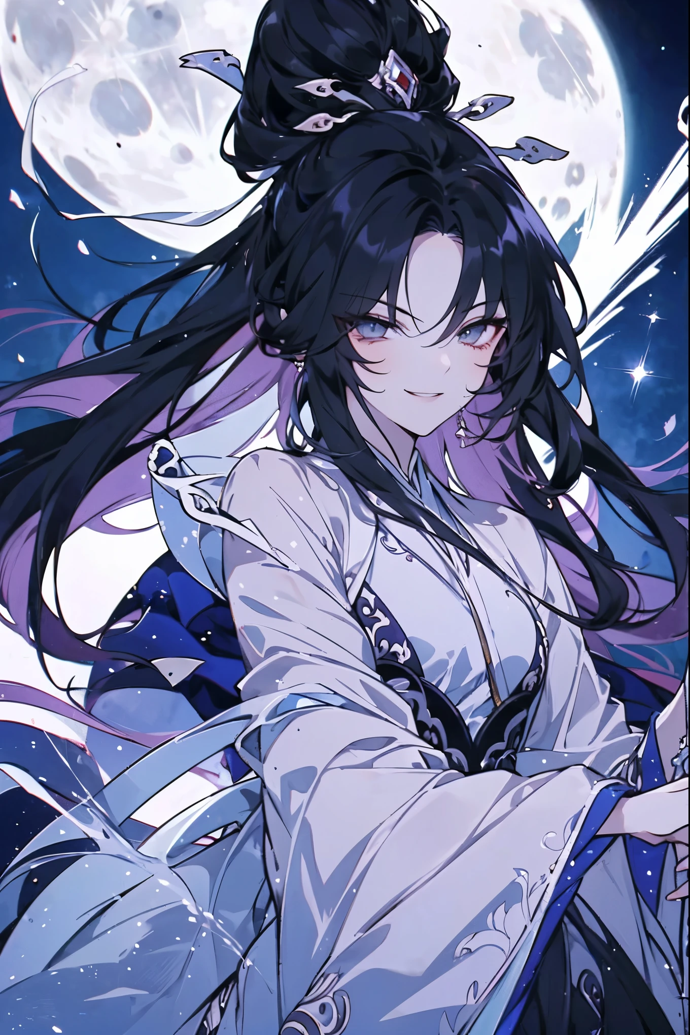 (masterpiece)，(Highest quality)，(Best details)，(High Definition)，(Beautiful works)，(Full body picture)，Chinese fantasy style，1girl,Black long hair，Black eyes，((White clothes))，(((Villain image))),(((Eyes sparkling in the moonlight))),(Sinister smile)