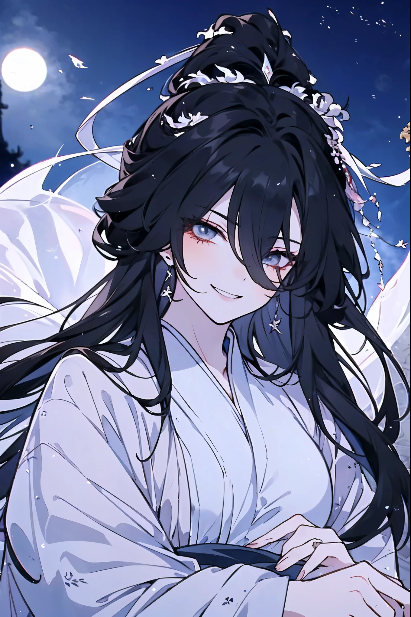 (masterpiece)，(Highest quality)，(Best details)，(High Definition)，(Beautiful works)，(Full body picture)，Chinese fantasy style，1girl,Black long hair，Black eyes，((White clothes))，(((Villain image))),(((Eyes sparkling in the moonlight))),(Sinister smile)