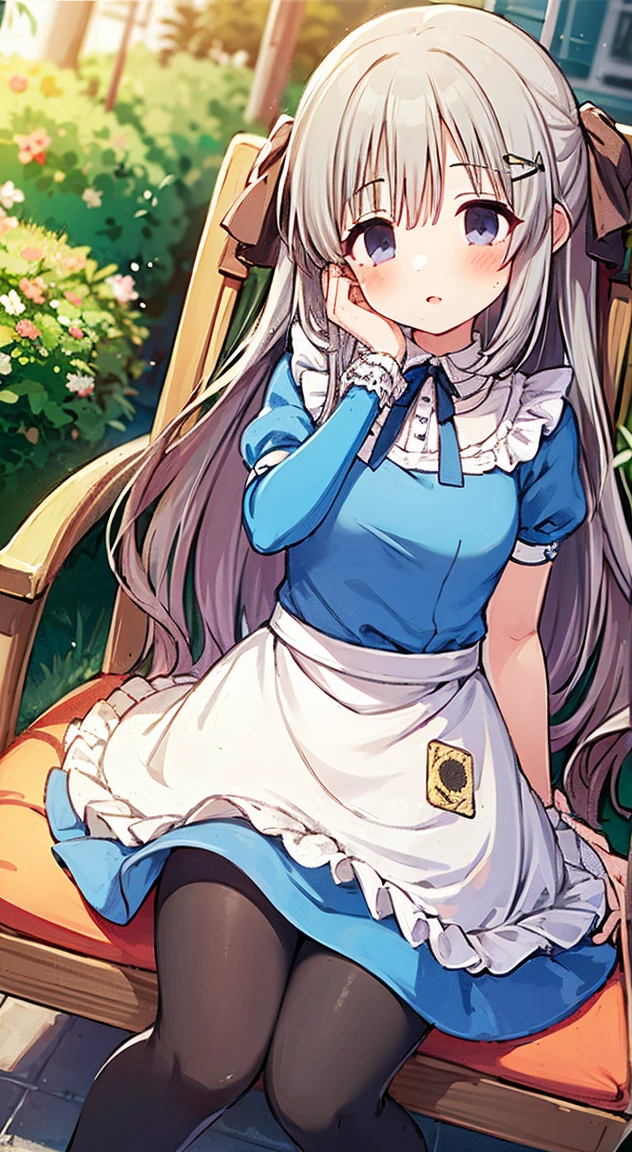 1girl, solo, long hair, blue eyes, blonde hair, crown, sitting, pantyhose, dress, bow, card, apron, hairband, playing card, looking at viewer, short sleeves, hair bow, blue hairband, smile, blush, hand on own face, blue dress, alice (alice in wonderland), hair between eyes, chair, black pantyhose, blue bow, throne, puffy sleeves, hand on own cheek, bangs, puffy short sleeves, ribbon, very long hair, mini crown, feet out of frame, frills, white apron, :q, masterpiece, best quality,