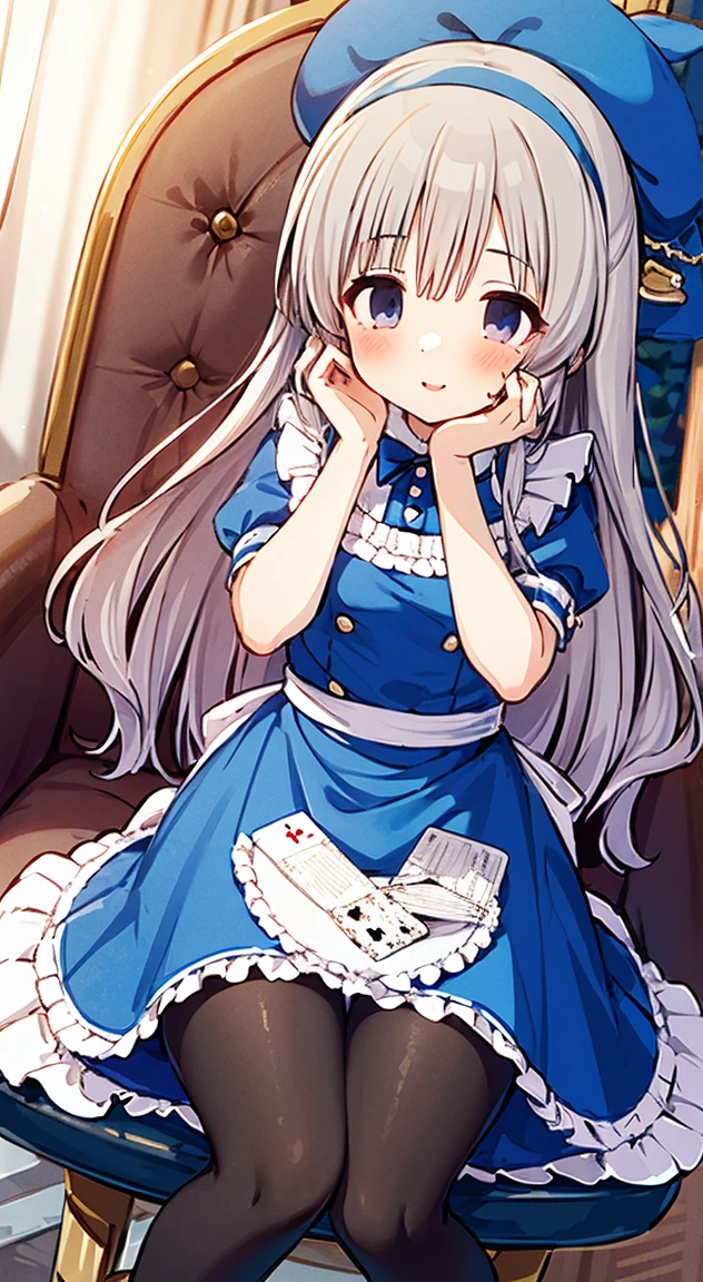 1girl, solo, long hair, blue eyes, blonde hair, crown, sitting, pantyhose, dress, bow, card, apron, hairband, playing card, looking at viewer, short sleeves, hair bow, blue hairband, smile, blush, hand on own face, blue dress, alice (alice in wonderland), hair between eyes, chair, black pantyhose, blue bow, throne, puffy sleeves, hand on own cheek, bangs, puffy short sleeves, ribbon, very long hair, mini crown, feet out of frame, frills, white apron, :q, masterpiece, best quality,