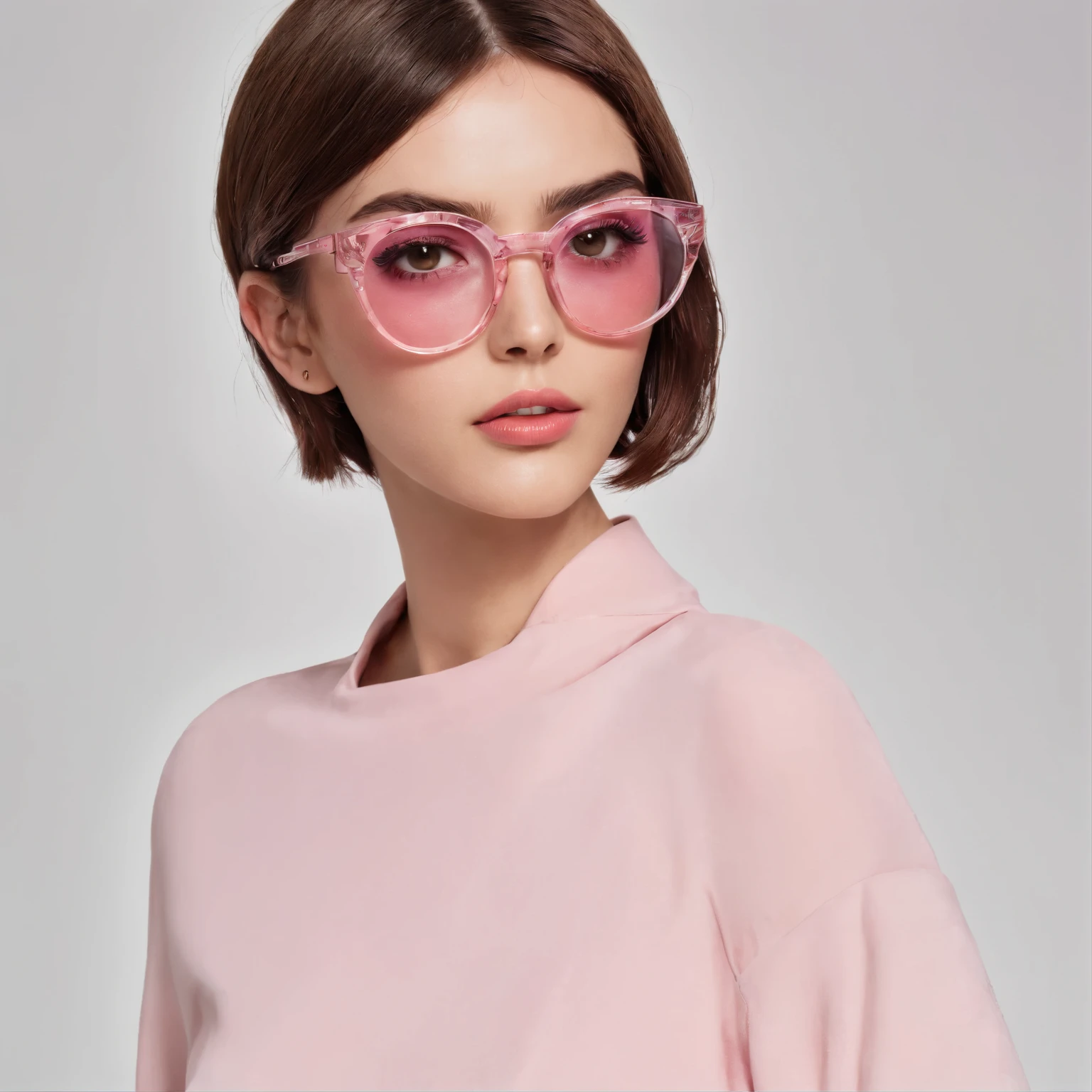 Girl with short thick straight hair with brown eyes wears pink glasses and has a perfect body and perfect face
