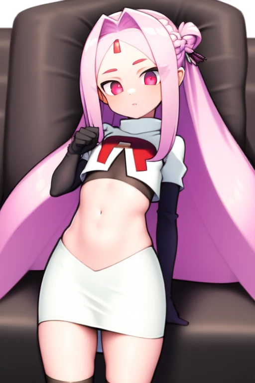 masterpiece, (best quality:1.3), sharp focus, absurdres, ++ 1girl, solo, fantasy, light purple hair, very long hair, curly hair, french braid, single sidelock, forehead, red eyes, pink eyes, multicolored eyes, , flat chest, , dollgirl, doll joints, ++ pov, looking at viewer, team rocket,team rocket uniform,white skirt,red letter R,crop top,black thigh-highs,black elbow gloves