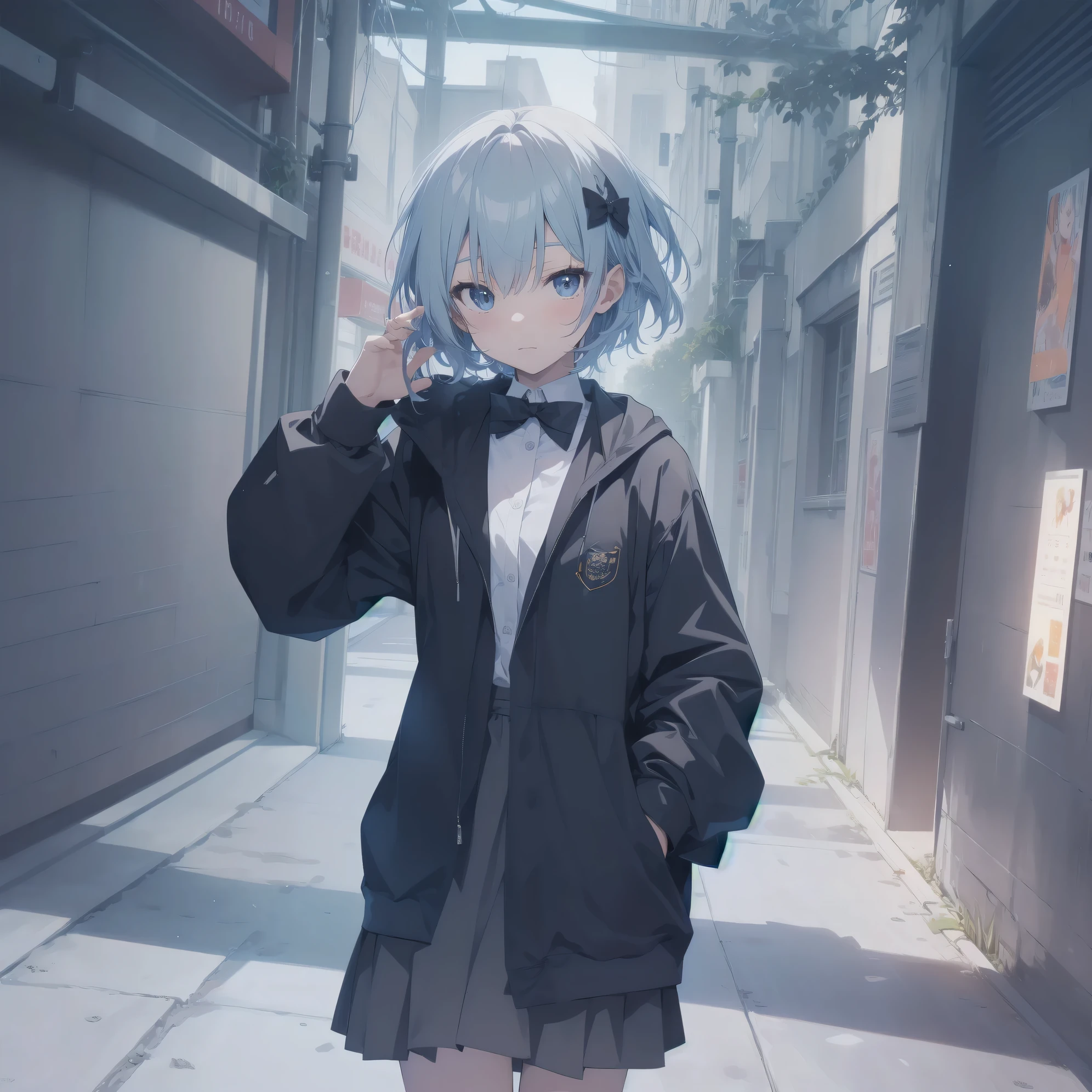 ultra-absurdres-Top quality by artist God, ultra-detailed, high resolution, anime moe artstyle, best anime 8k konachan wallpaper, pixiv contest winner, pool:2810, perfect anatomy,break, 1girl, (Please draw a girl walking sleepily to school alone. )break,(Solo,little female, 13-year-old:1.3),Full limbs, complete fingers,a junior high school student,  (very short hair), short cut, flat chest, , small butt, small black eyes, beautiful detailed eyes, well-proportioned iris and pupils, expressive eyes, highres detailed hair, soft expression, school_uniform, bowtie, collared shirt.  pleated skirt,(Detailed Lighting), (Detailed background), in the School commute route. break,super detailed skin, Best cinematic lighting powered by famous artist, 8k,beauty illustration,photoshop_(medium),very aesthetic,break,((artist:dd_(ijigendd) )), artist:bolze ,artist:oyari ashito ,artist:kantoku ,
