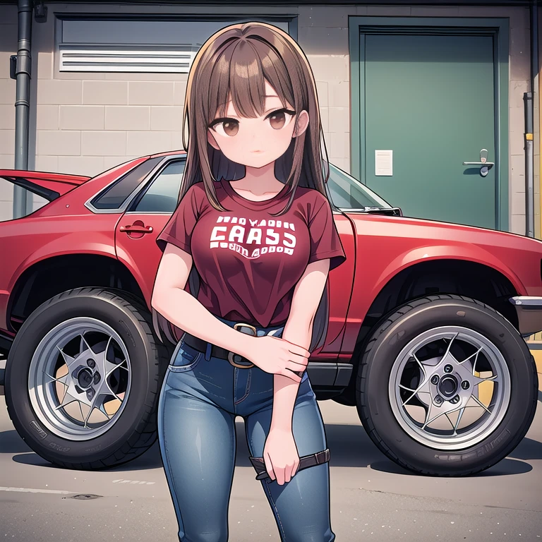 A picture of a Girl working in a Car-Mechanic shop, Garage door entrance and a lot of equipment in the background, very detailed and cluttered but not noisy background, (Solo), (Best Quality), (Masterpiece), (Official Quality Artwork), (Perfect Anatomy), (Perfectly Detailed), (Accurately Drawn).                      She has (very Lush, Medium-Long DarkBrown Hair), (Beautiful Brown Eyes), Big Chest, very wide hips, muscular, slightly above average height, with an athletic and attractive figure, ((20 years-old)),        She is wearing a (Slightly old, Red Work-Shirt, with a small White Logo that says “BOB’s Garage”), (Mildly Worn, slightly dirty, Dark-Blue Jeans), a Brown Belt, and Dark-Grey Boots. She is (holding a Wrench), and is fixing the Wheel of a vintage motorcycle, with a focused and skillful expression,