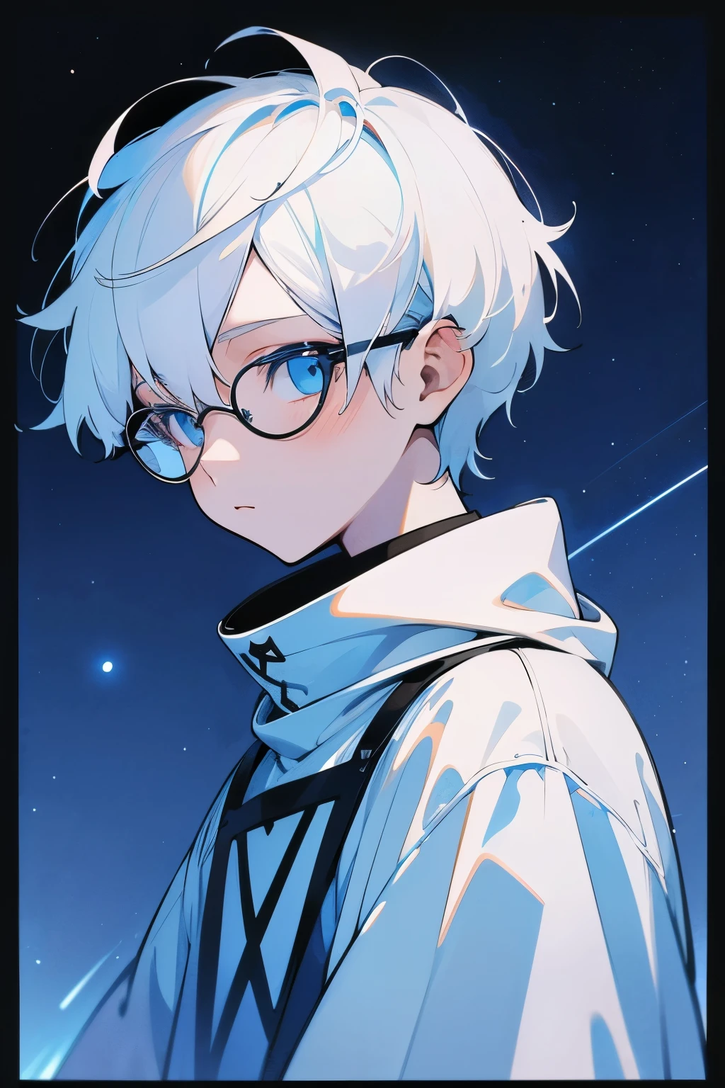 White hair，short hair，youth，clear sky blue eyes，Black square frame glasses。Pure white sweatshirt。Starry Sky，night。Bleak。peaceful