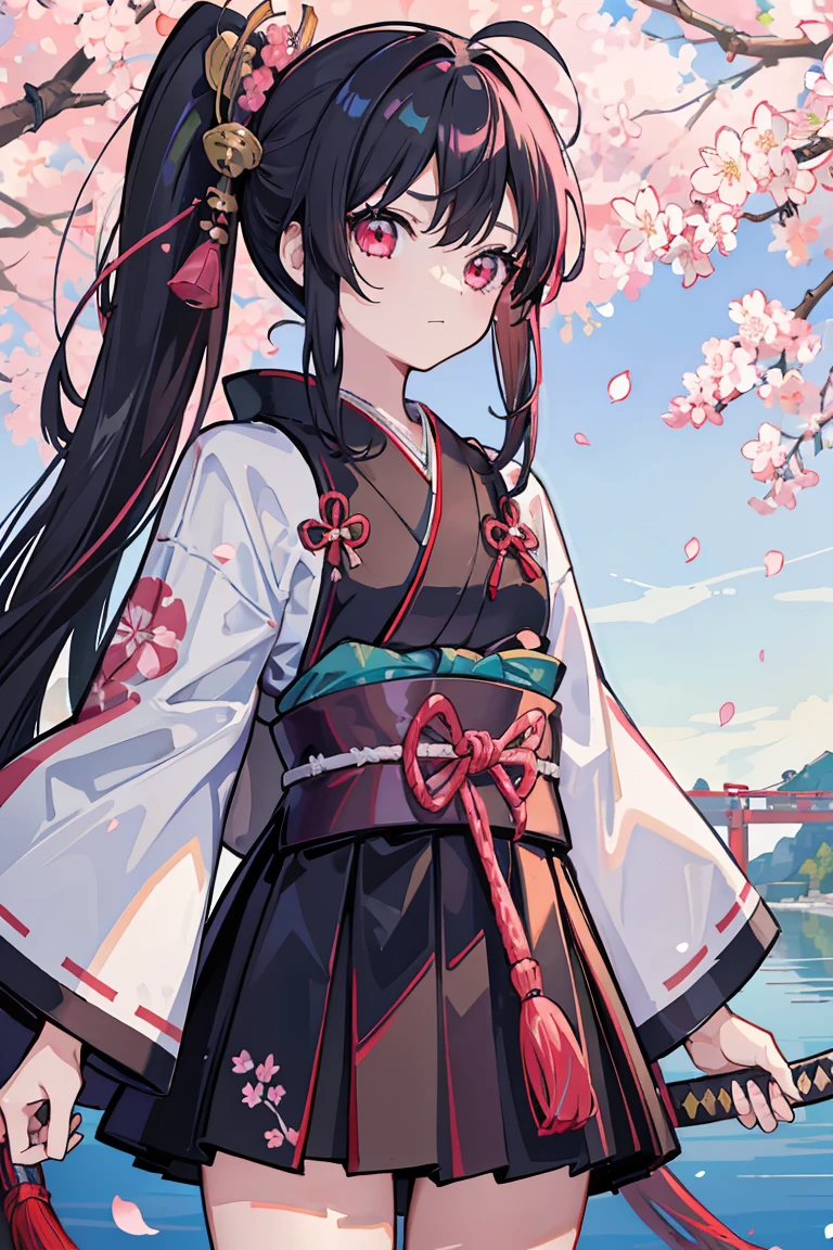 1 girl, Samurai, Katana, Japan, Cherry blossom trees, Black Hair, Side Ponytail, Long Hair, Big bouncy hair, ribbon, Dark pink eyes, Dark Eyes, Rin々Shii, , Colorful Hair, Messy Hair, tonality, Romanticism, modern art, Impressionism, reflected light, 8k, masterpiece, Advanced Details, highest quality, Accurate