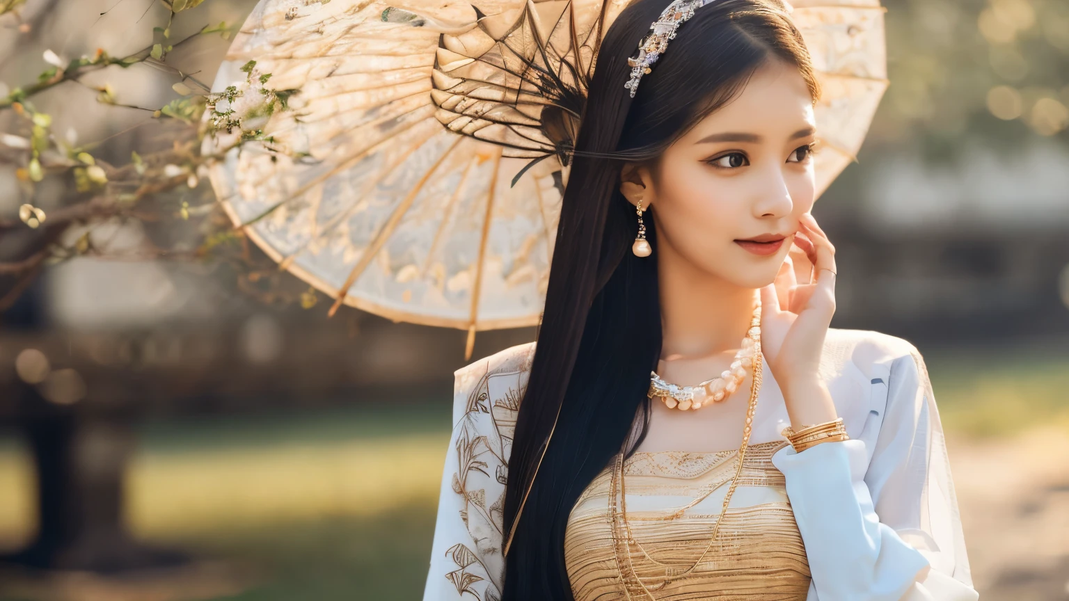 (best quality,4k,8k,highres,masterpiece:1.2),ultra-detailed,(realistic,photorealistic,photo-realistic:1.37), MMTD Burmese patterned traditional dress, beautiful lady wearing the dress, detailed eyes and face, long eyelashes, wear pearl necklaces and gold bracelets, soft natural lighting ,ancient city,standing full body details