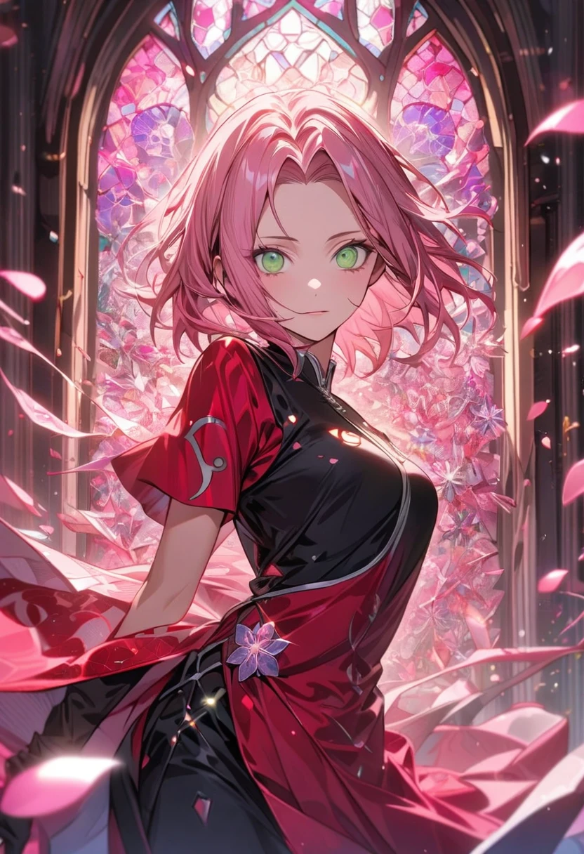 Ultra detailed, HDR, Highres, absurdres, master piece, Haruno Sakura, pink short hair, expressive green eyes, Naruto Shippuden, red clothes, black gloves, patterns, pink stained glass, pink ice, petals, pink ice flowers, woman, solo, extremely detailed face and eyes, extremely beautiful, glittering, pink glass, extremely pretty, perfect face