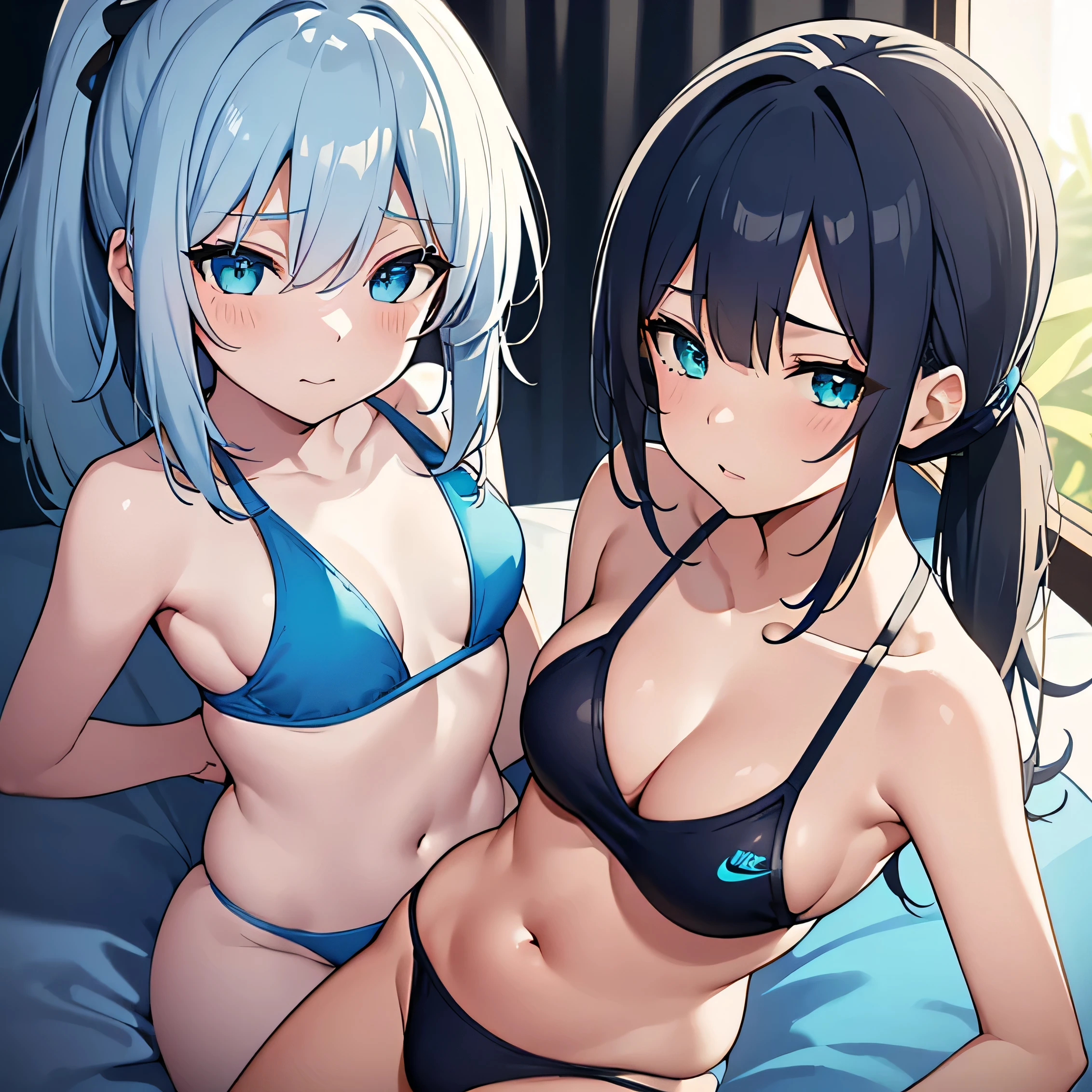 Detailed skin and high resolution, ((4k quality)), (Two girl wears blue cyan and black competition swimsuit: 1.1), (silver hair color:1.2), ponytail, one face only photo, Nike brand swimsuit, double eyelids, slim body, blushes face, detailed belly and eyes, on the bed 
