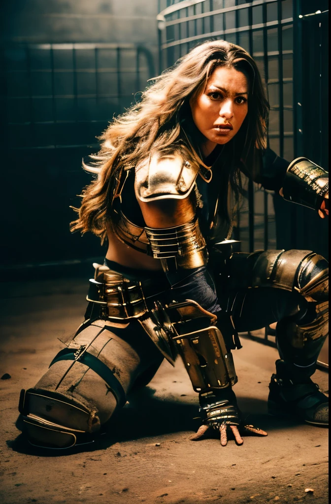 best quality,realistic,masterpiece:1.2,captured female warrior in a cage,detailed warrior, full body wide shot, intense expression,steely eyes,long flowing hair,fierce determination, dynamic pose, dramatic lighting, gritty atmosphere,metallic texture, aged iron cage,chains, worn-out armor, battle scars,dusty battlefield background,warm colors,dramatic contrast,highres