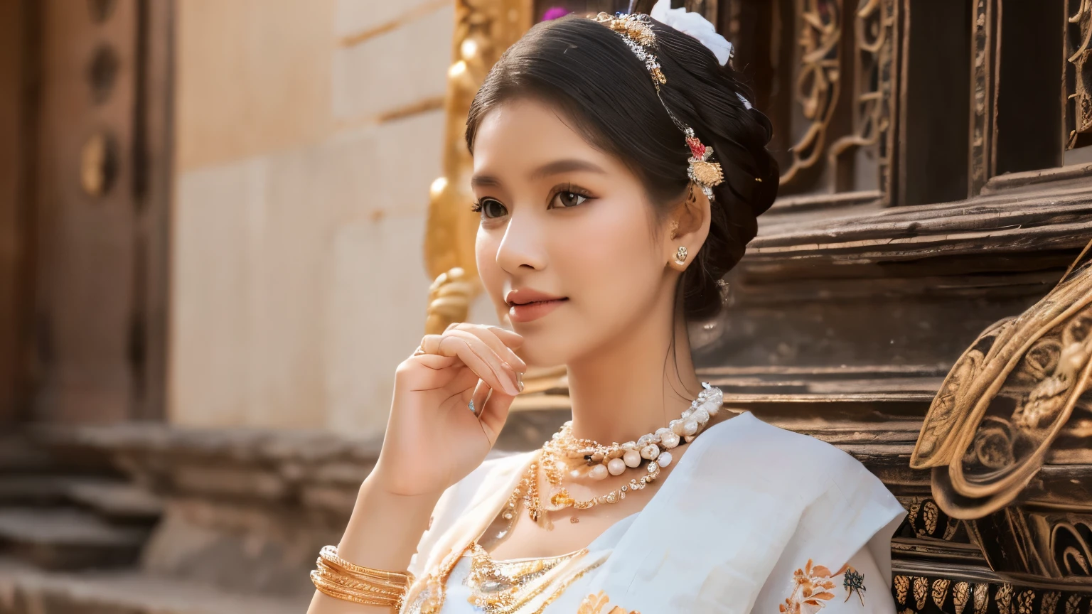 (best quality,4k,8k,highres,masterpiece:1.2),ultra-detailed,(realistic,photorealistic,photo-realistic:1.37), MMTD Burmese patterned traditional dress, beautiful lady wearing the dress, detailed eyes and face, long eyelashes, wear pearl necklaces and gold bracelets, soft natural lighting ,ancient city,standing full body details