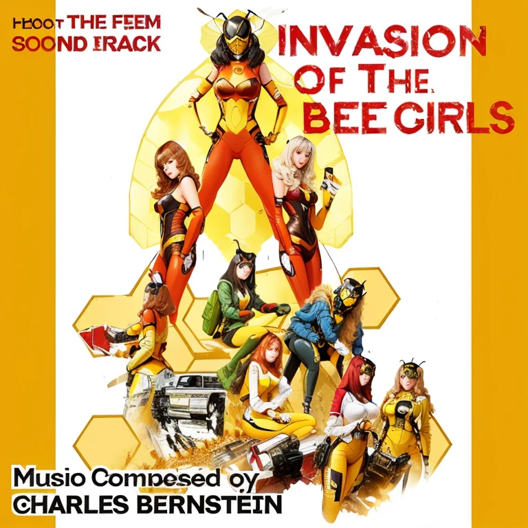 a poster for Intrusion of the bee girls, various Artists, based on bumblebee, 1 9 7 0 SFmovie, movie, Intrusion, Album cover, (bee), [ movieのような, music Album cover, made of bees, movieアートワーク, Official artwork, bees, crimson - black bee army behind, 1 9 7 0 s film, レトロSFmovie